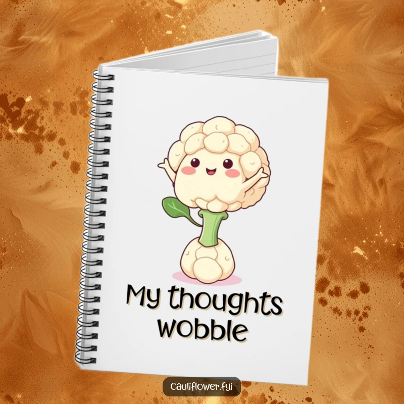 Funny notebook cover with a cauliflower character balancing on one floret, arms outstretched.