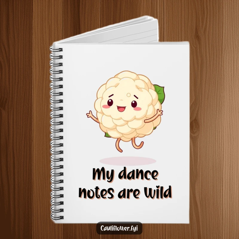 Funny notebook cover with a cauliflower performing a comical dance with unsteady legs, designed to inspire creativity and amusement.