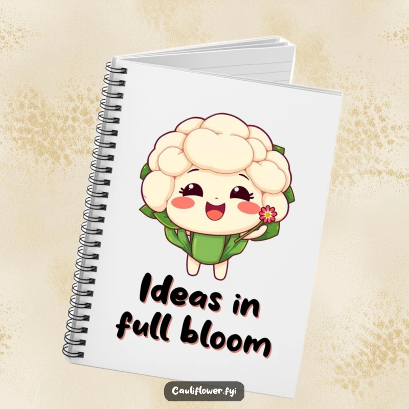 Funny notebook cover with a cauliflower character offering a tiny, sparkling flower with a delighted expression.