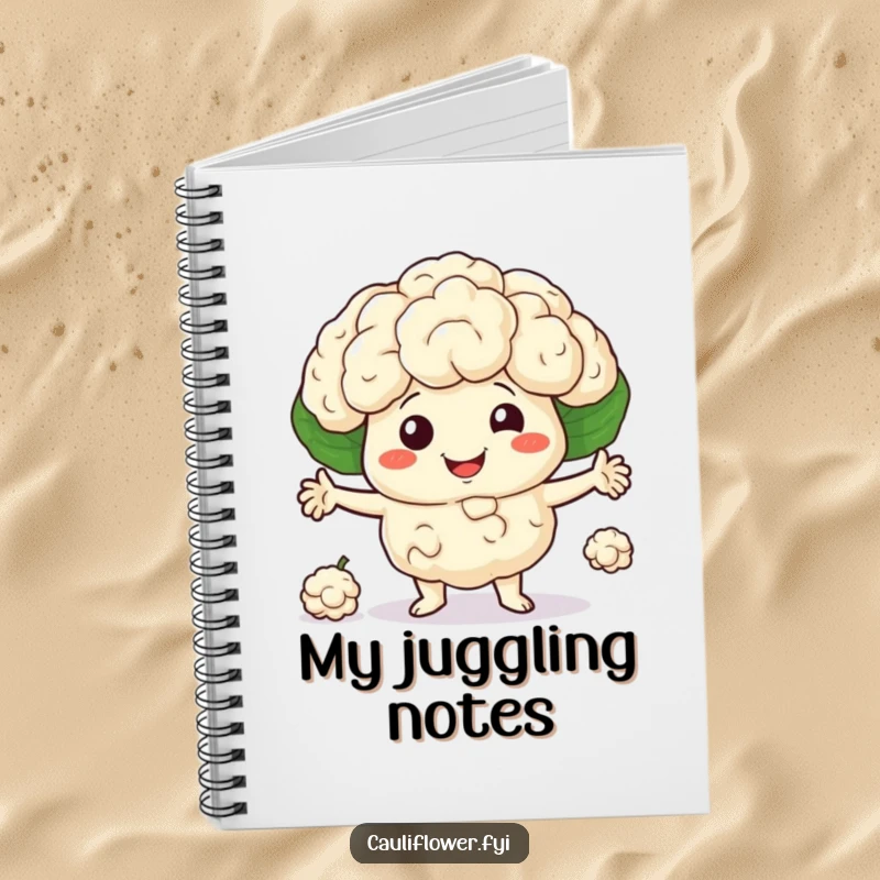 Smiling cauliflower character juggling three little florets on a notebook, perfect for skillful notes, funny gift.
