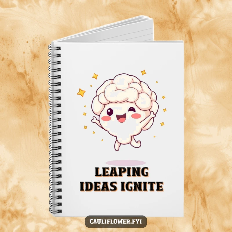 Funny notebook cover with a cauliflower character doing a happy jump, surrounded by bursting little stars.