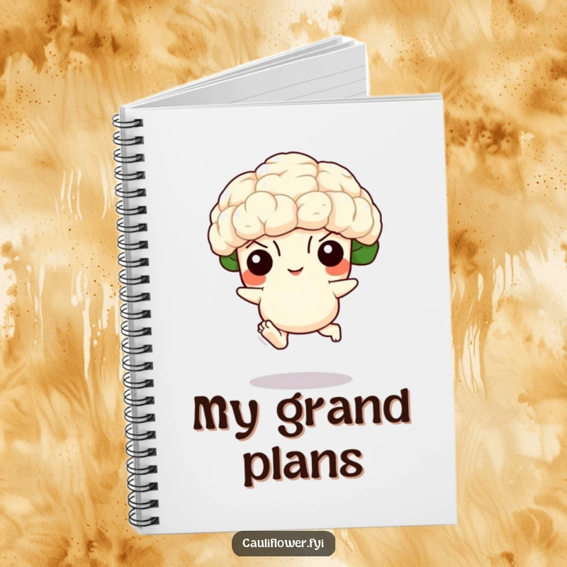 Funny notebook cover with a determined cauliflower and tiny feet in a leaping pose, ideal for capturing humorous thoughts and ideas.