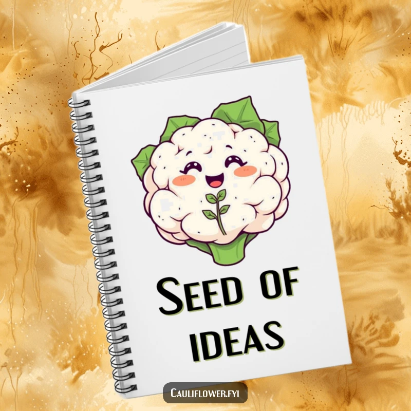 Funny notebook cover featuring a smiling cauliflower with a tiny, happy cauliflower seedling sprouting, inspiring growth and new ideas.