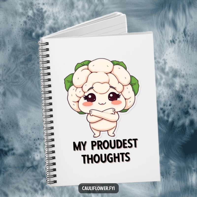 Funny notebook cover with a cauliflower head and arms crossed in a proud stance, perfect for documenting achievements with humor.