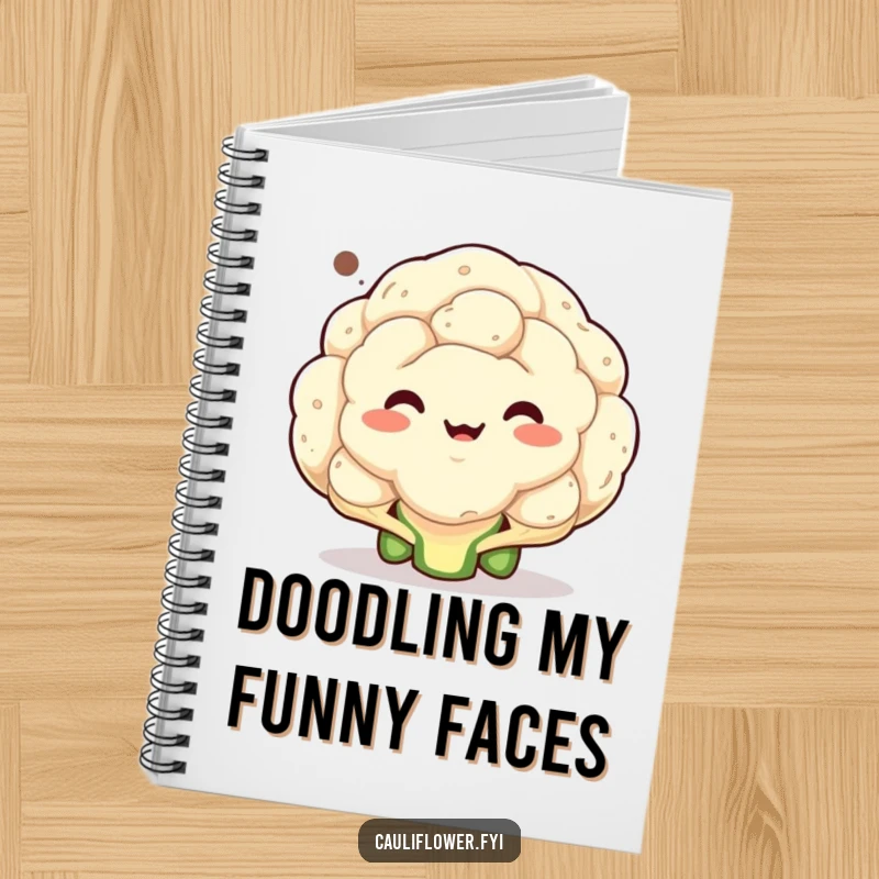Funny notebook cover with a cauliflower making a peculiar, memorable face inside a speech bubble, encouraging creative expression.