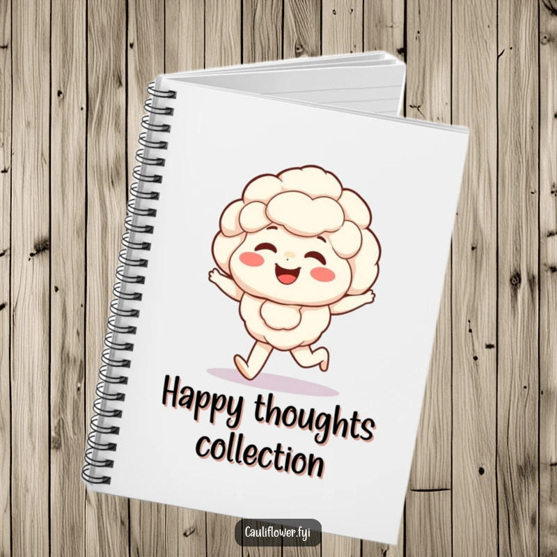 Funny Kawaii cauliflower notebook cover shows a giggling veggie with rosy cheeks happily skipping, ready for your notes.