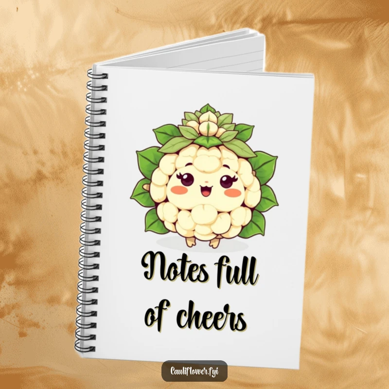 Funny happy Kawaii cauliflower cheering with a leafy pom-pom, a humorous notebook for planning.