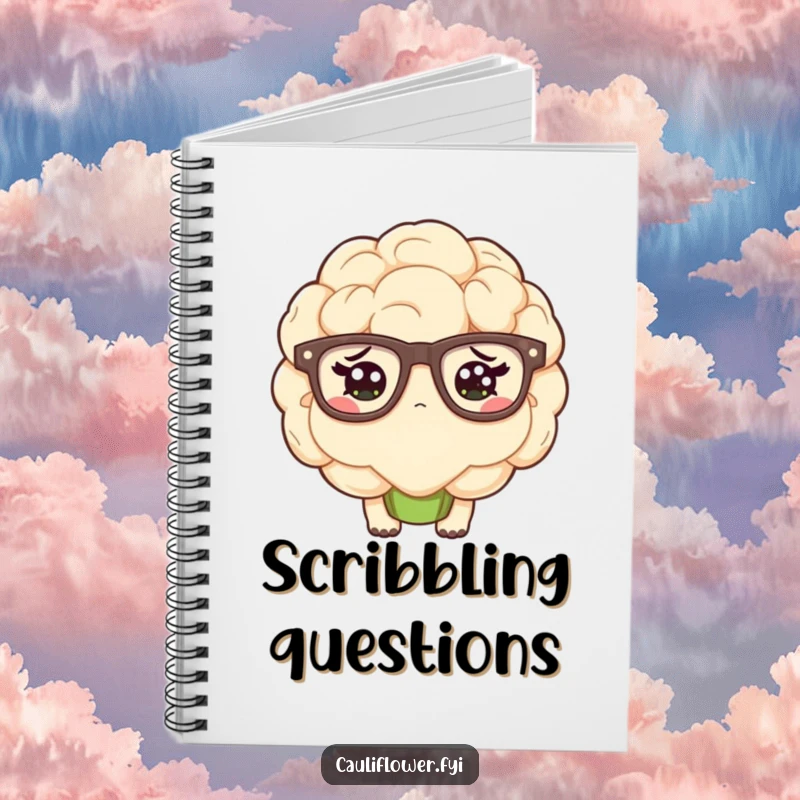 Funny kawaii cauliflower wearing oversized glasses and looking confused on a notebook.