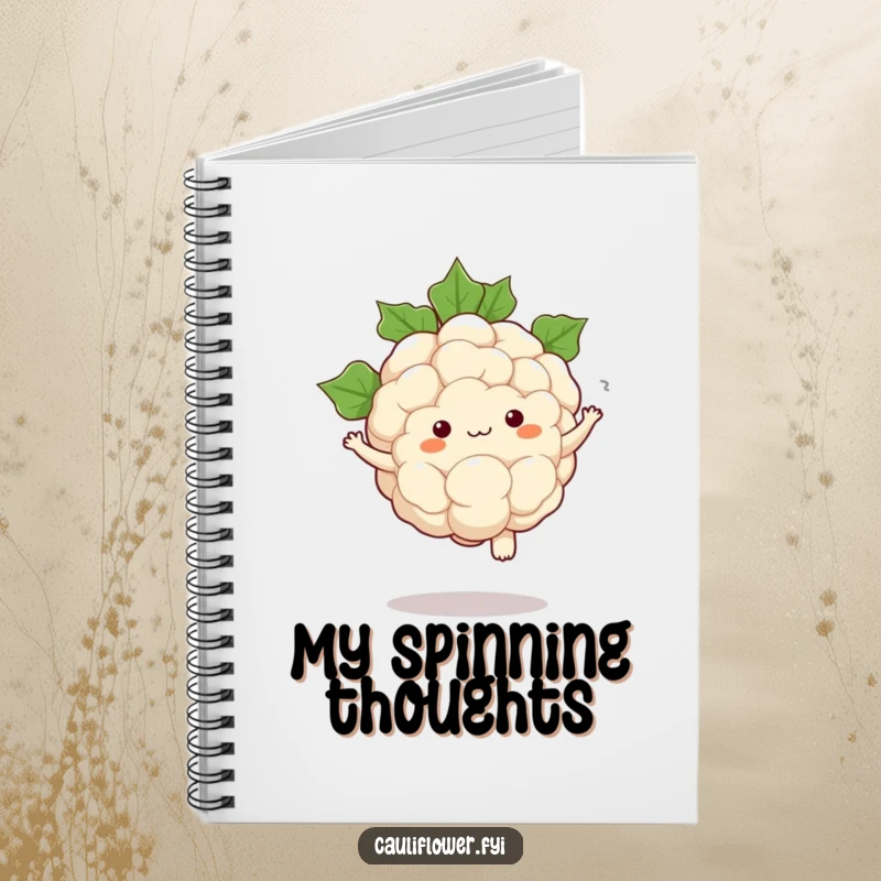 Funny notebook with a kawaii cauliflower character doing a comical pirouette with leaves swirling around it.