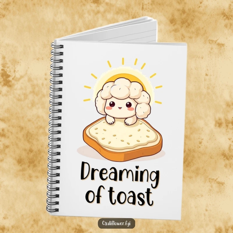 Funny Kawaii cauliflower sunbathing on a giant toast slice, a humorous notebook for planning and doodling.