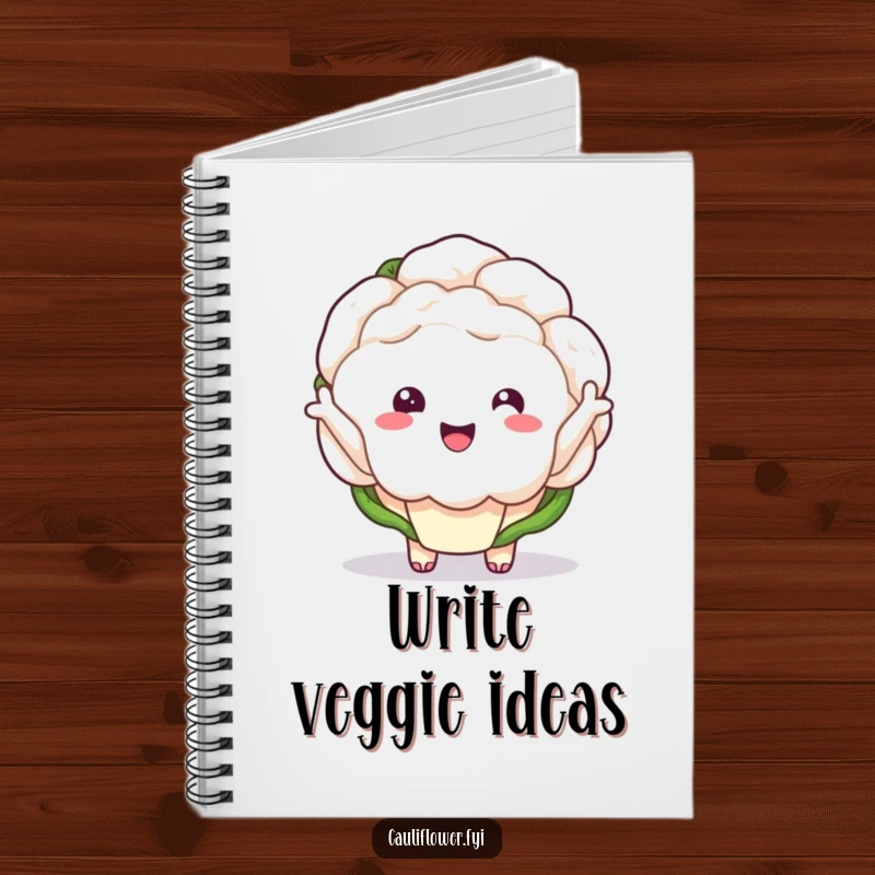 Funny kawaii cauliflower with tiny arms waving enthusiastically on a notebook.