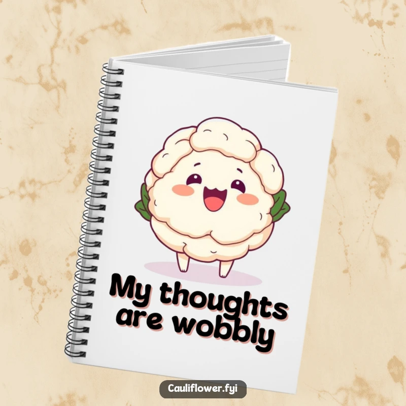 Funny Kawaii Cauliflower Notebook - A cute cartoon cauliflower doing a funny wobble, perfect for humorous journaling and note-taking.