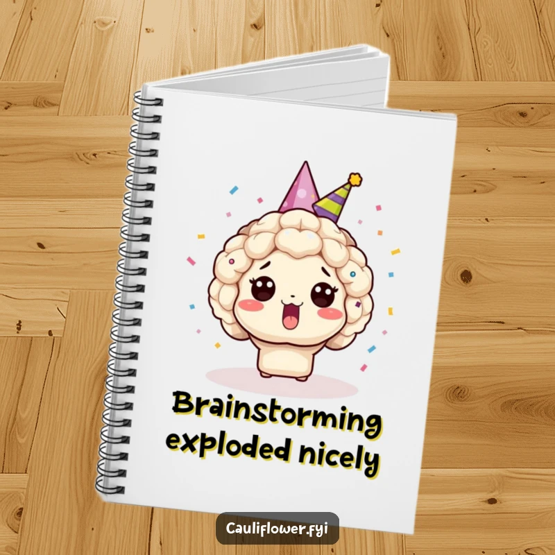 Funny Kawaii cauliflower in a party hat, surprised by confetti, a humorous notebook for creative minds.
