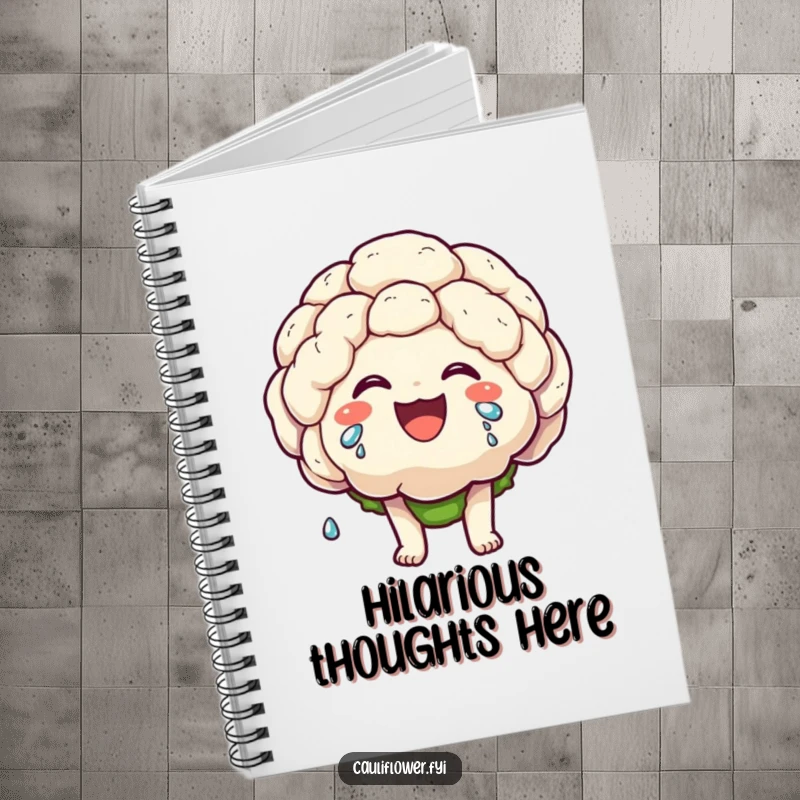 Funny notebook featuring a kawaii cauliflower character laughing heartily, tears of joy streaming down, perfect for joyful note-taking.