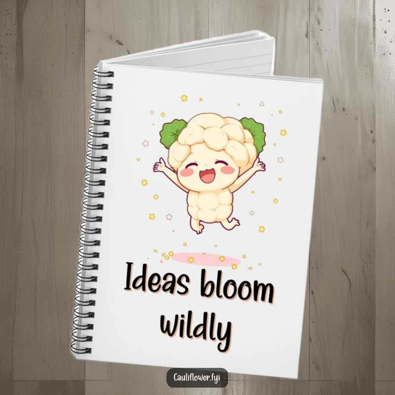 Funny notebook with a cauliflower character joyfully leaping, scattering tiny florets like confetti, perfect for jotting down happy thoughts.