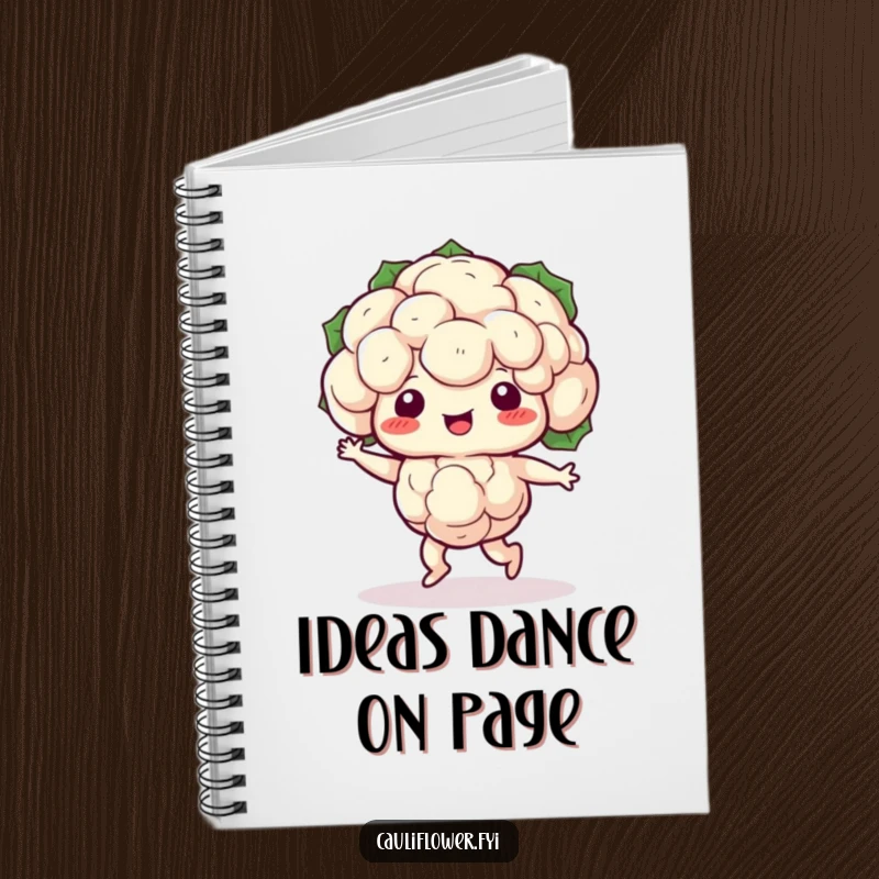 Funny Kawaii cauliflower doing a silly shuffle dance, a humorous notebook for creative minds.