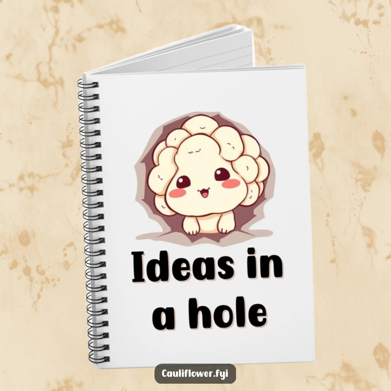 Funny cauliflower notebook with a character stuck in a hole, peeking out with a sheepish grin, perfect for note-taking.
