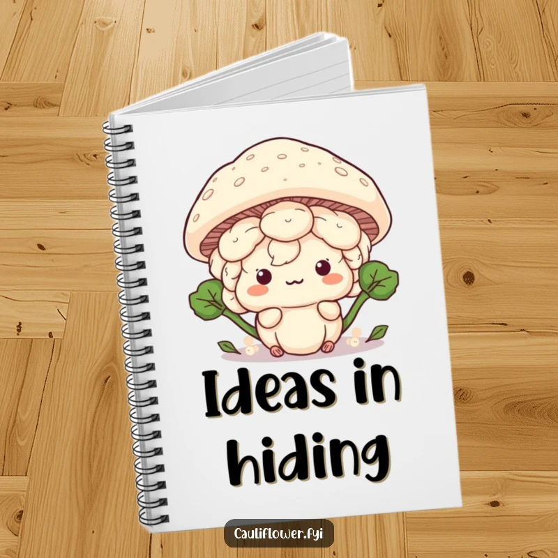 Funny Kawaii cauliflower hiding behind a giant mushroom cap, a humorous notebook for playful thoughts.