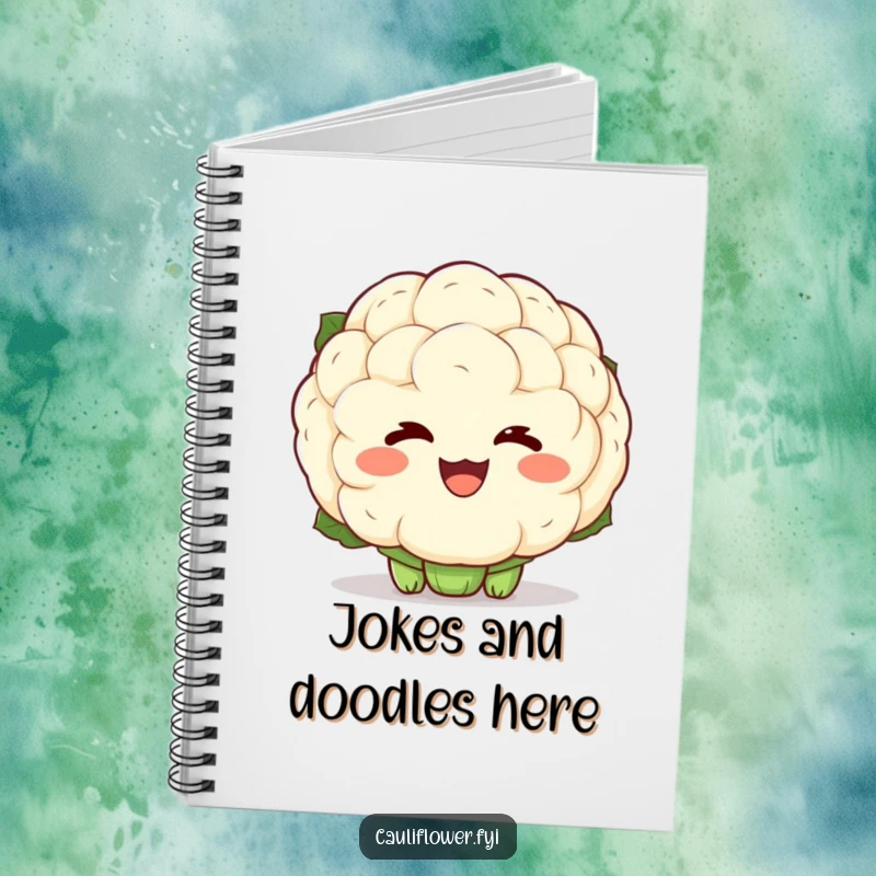 Funny notebook with a kawaii cauliflower showing exaggerated laughter lines, perfect for jotting down ideas with infectious joy and humor.