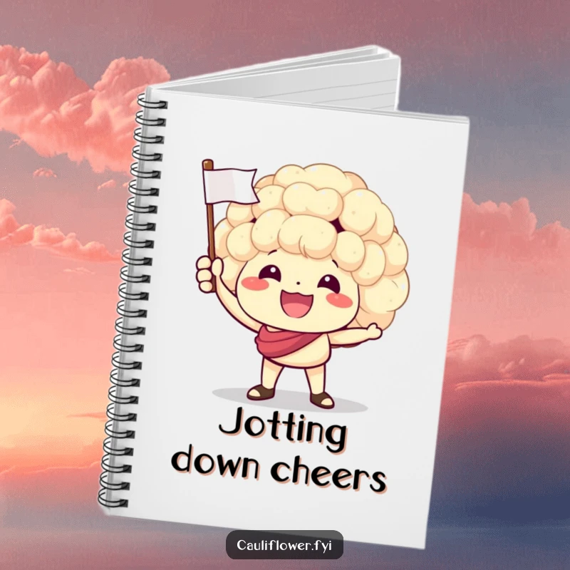 Funny notebook featuring a smiling cauliflower character waving a tiny flag, inspiring energetic note-taking and creativity.