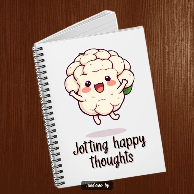 Funny kawaii cauliflower notebook depicting a joyful hop with a bounce, perfect for humorous and inspiring notes.