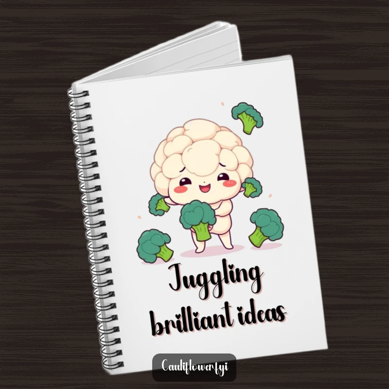 Funny notebook featuring a kawaii cauliflower juggling broccoli, great for notes and task management.