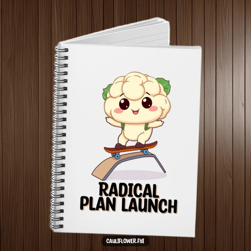 Funny notebook featuring a kawaii cauliflower riding a skateboard, great for notes and doodles.