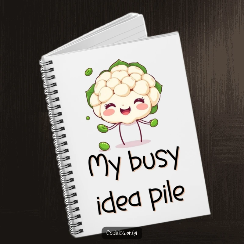 Funny Cauliflower Notebook with a happy veggie head juggling peas, perfect for jotting down ideas with humorous talent.