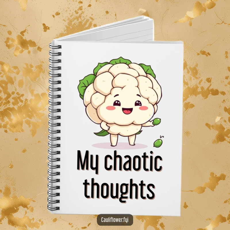 Funny cauliflower attempting to juggle peas, a humorous notebook for jotting down ideas and jokes.