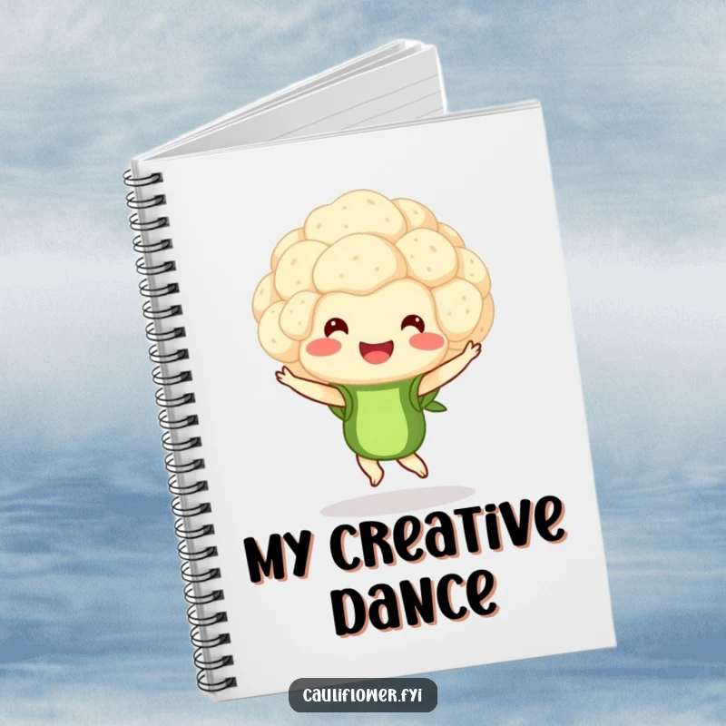 Funny notebook cover featuring a smiling cauliflower floret in a dynamic pirouette, perfect for creative writing and organized thoughts.