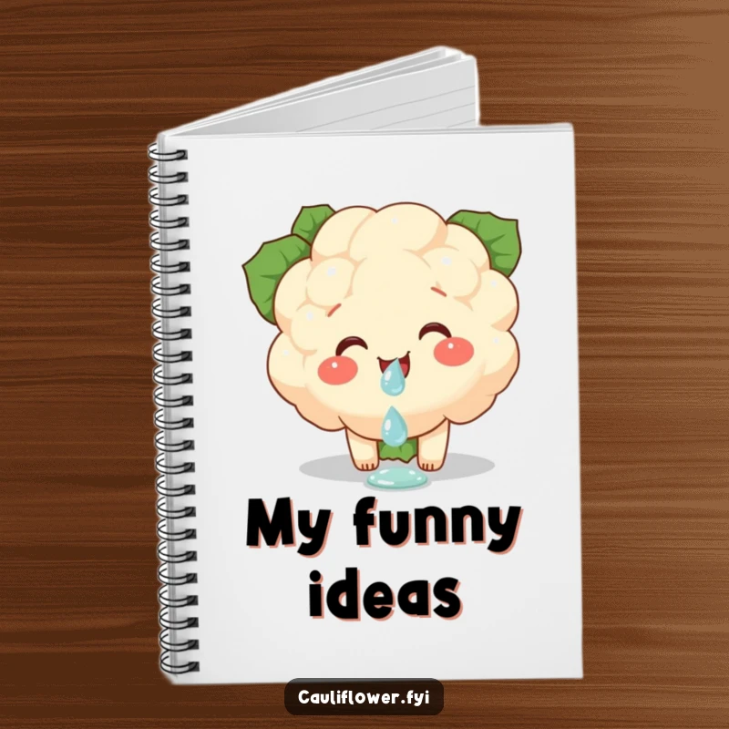Funny notebook cover with a cauliflower piece giggling while balancing a dewdrop, perfect for capturing lighthearted thoughts and ideas.