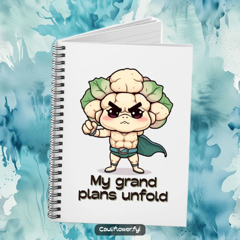 Funny Cauliflower Notebook with a determined veggie hero in a superhero pose, inspiring users to jot down funny ideas and plans.