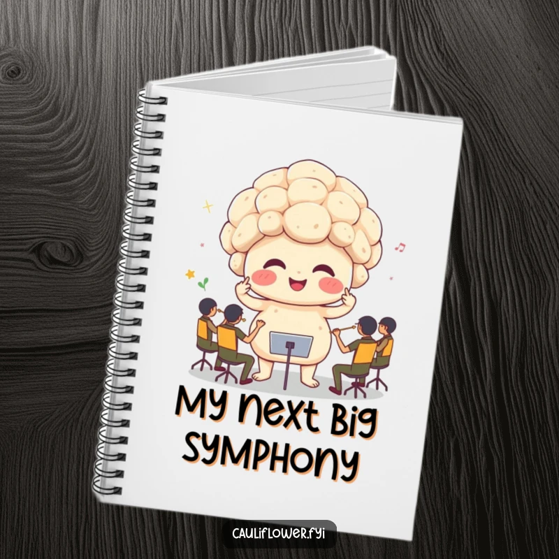 Funny cauliflower conducting a tiny orchestra, a humorous notebook for jotting down ideas and jokes.