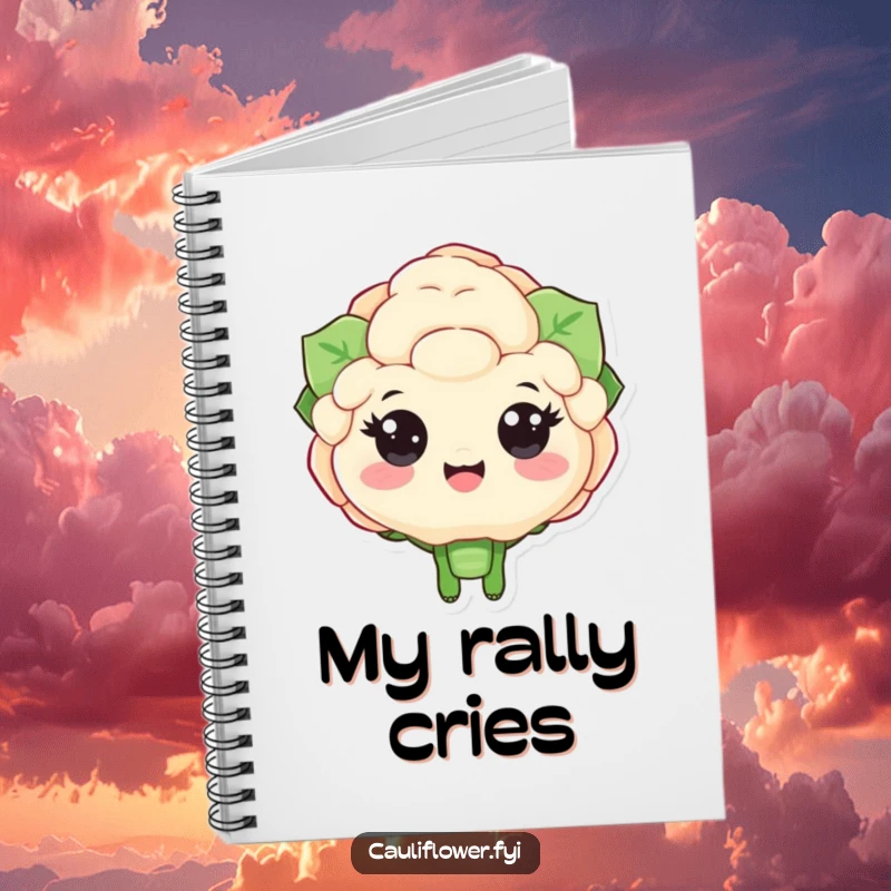 Funny notebook cover with a big-eyed cauliflower character cheering enthusiastically, perfect for capturing ideas and motivational thoughts.