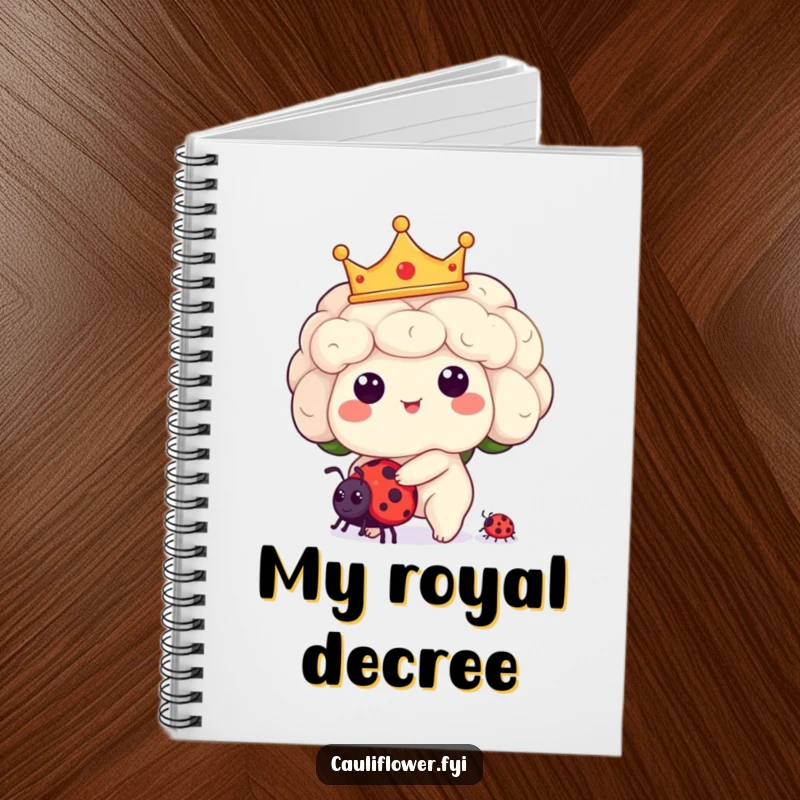 Funny Kawaii cauliflower character wearing a crown and riding a ladybug on the cover of a notebook.