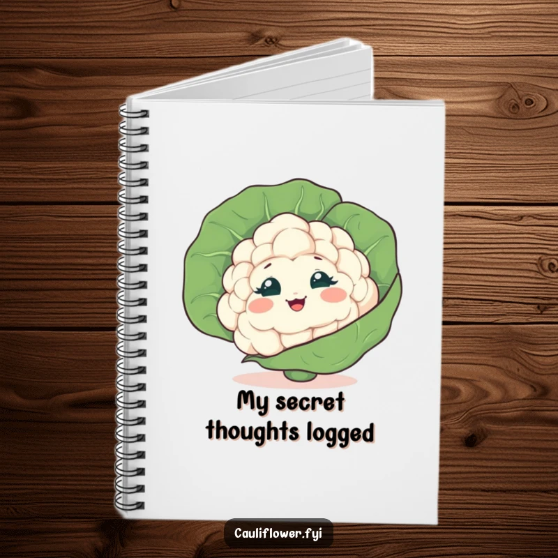 Funny Cauliflower Notebook with a shy veggie peeking from behind a leaf, giggling, perfect for jotting down funny secrets.