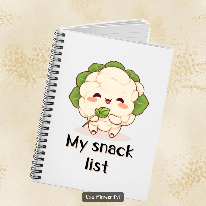 Funny Kawaii cauliflower character eating a tiny sprout on the cover of a notebook, perfect for journaling humorous ideas.