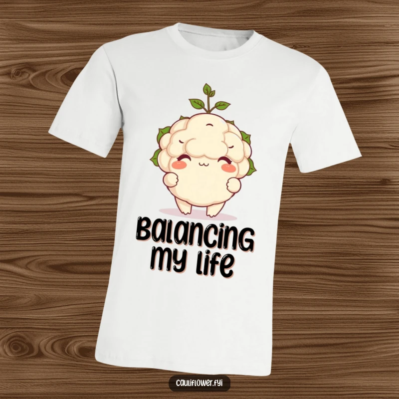 Funny t-shirt featuring a happy, plump cauliflower balancing a small sprout on its head with great concentration.