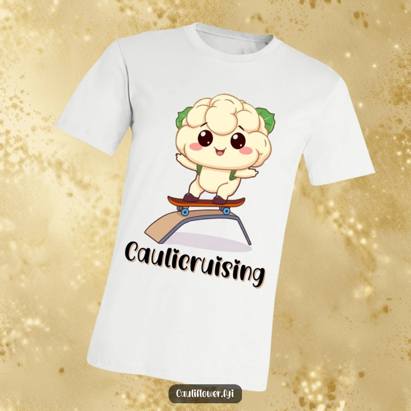 Funny T-shirt showing a kawaii cauliflower mastering a skateboard trick on a small ramp.