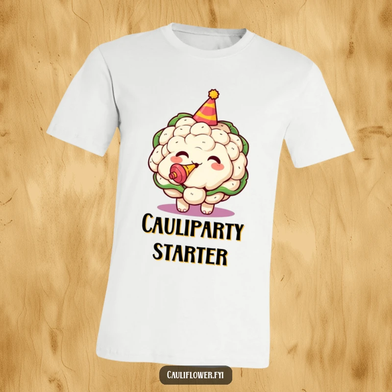 Funny T-shirt showcasing a kawaii cauliflower in a party hat, enthusiastically blowing a noisemaker.