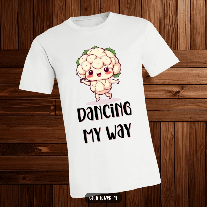 Funny Kawaii cauliflower performing a fun shuffle dance, energetic and silly, a humorous t-shirt.