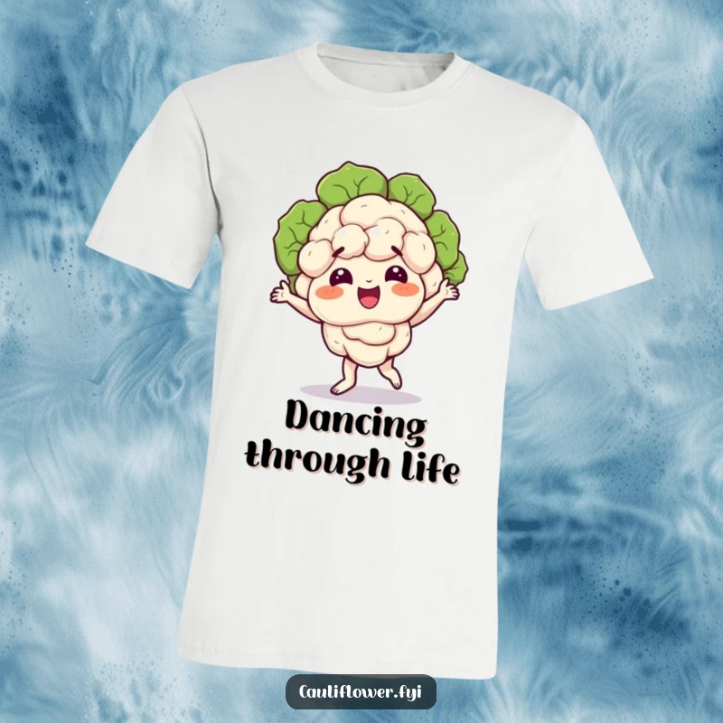 Funny T-shirt depicting a cauliflower character doing a hilarious dance, florets wobbling, capturing pure, uninhibited fun.
