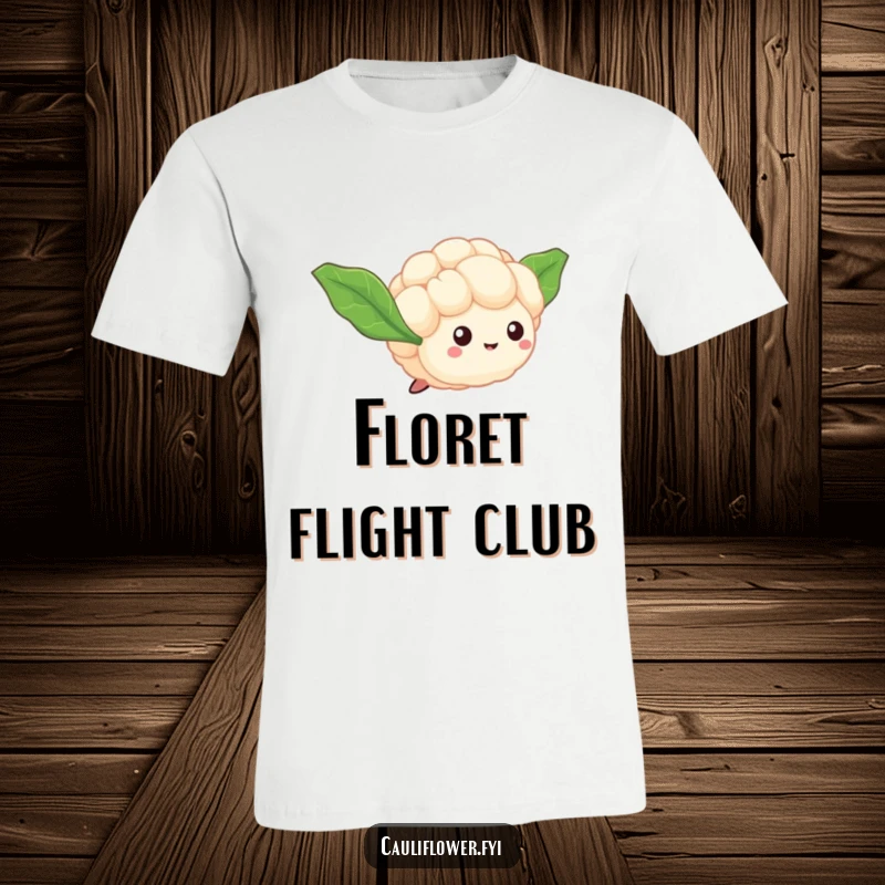 Funny Cauliflower Floret T-Shirt depicts a tiny veggie with leaf wings, humorously attempting flight and chasing dreams.