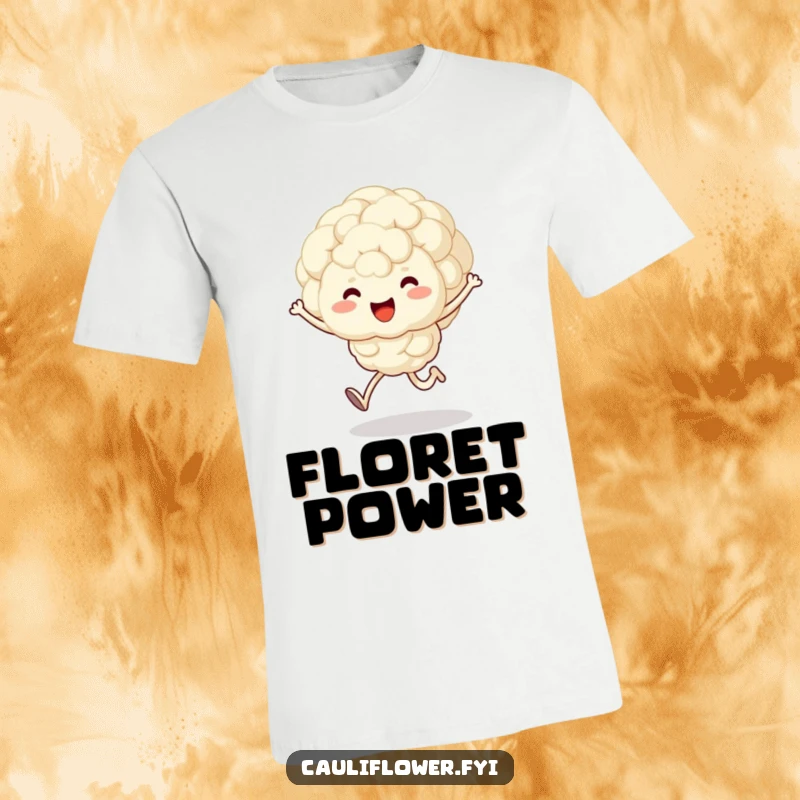 Funny t-shirt featuring a fluffy, kawaii cauliflower character gleefully skipping with its arms and legs, embodying pure, veggie joy.