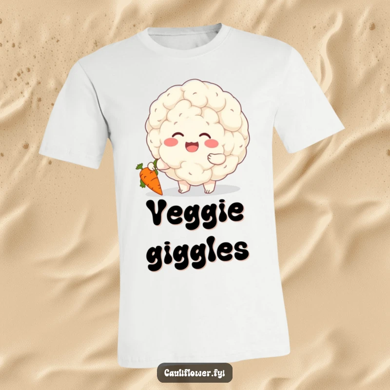 Funny t-shirt depicting a large, cheerful cauliflower giggling while tickling a small, happy carrot, highlighting friendship and veggie humor.