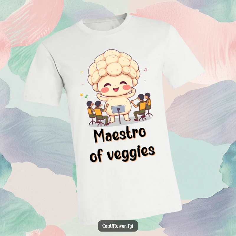 Funny cauliflower leading a tiny orchestra with sprout arms, a humorous t-shirt design perfect for music lovers.