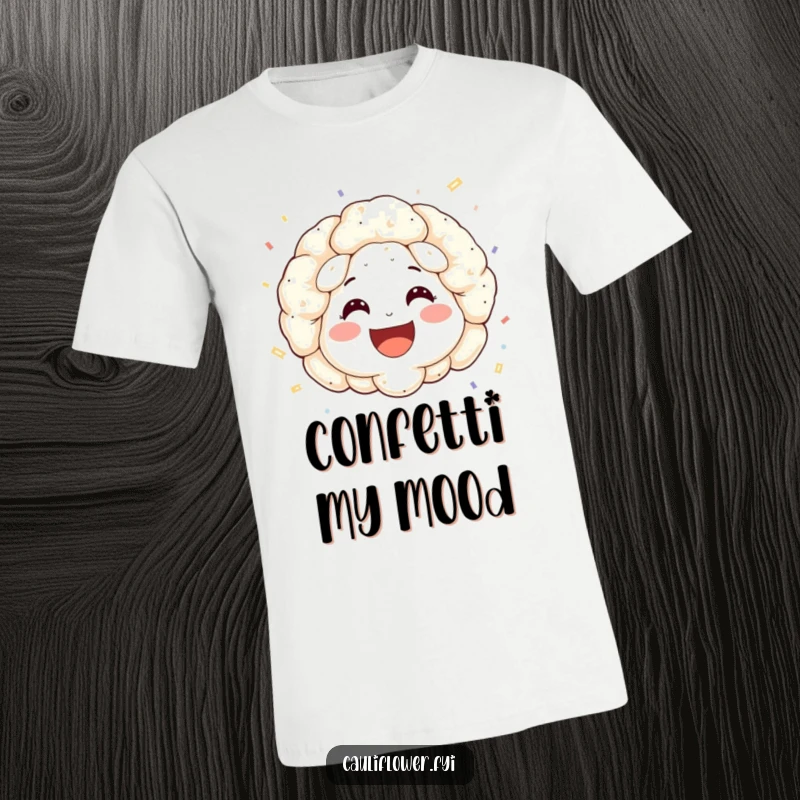 Funny t-shirt featuring a smiling cauliflower face with rosy cheeks, enthusiastically throwing a shower of confetti.