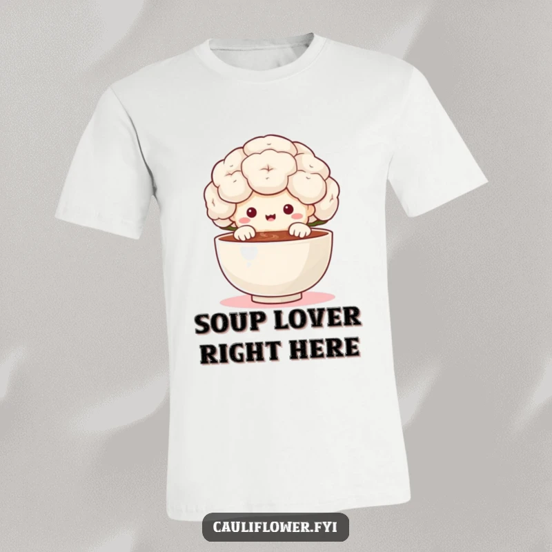 Funny cauliflower character peeking over a tiny, steaming bowl with great delight on a t-shirt, highlighting excitement for delicious food and tasty meals.