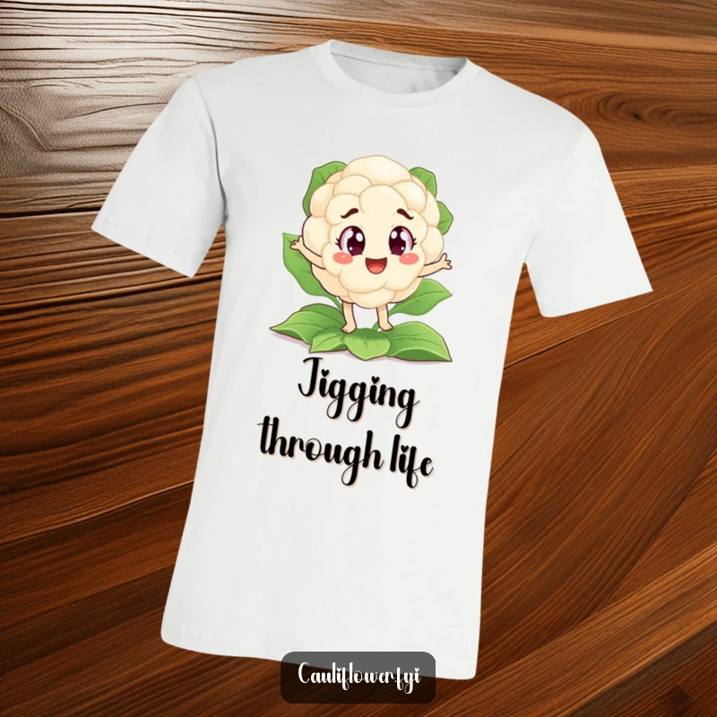 Funny t-shirt featuring a cauliflower with huge, excited eyes performing a silly jig on a green leafy base.