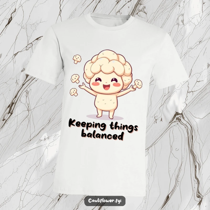 Funny Kawaii cauliflower t-shirt depicts a smiling veggie masterfully juggling multiple cauliflower florets with evident enthusiasm.